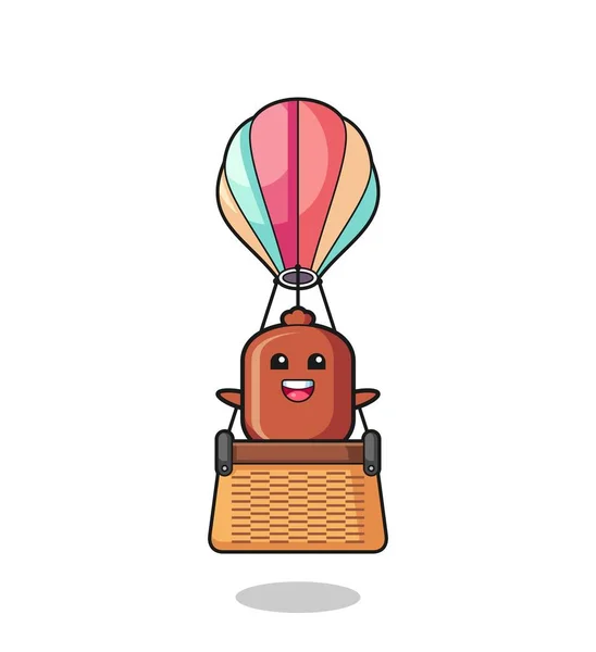 熱気球に乗るソーセージマスコット可愛いデザイン — ストックベクタ