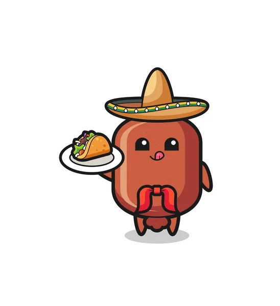 Korv Mexikansk Kock Maskot Håller Taco Söt Design — Stock vektor