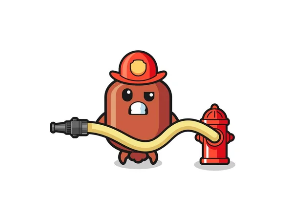 Sausage Cartoon Firefighter Mascot Water Hose Cute Design — Stock Vector
