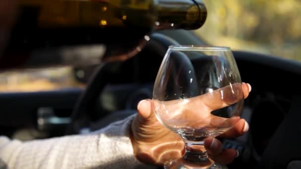 Das Mädchen am Steuer trinkt Alkohol. Gefährdung der Verkehrssicherheit — Stockvideo