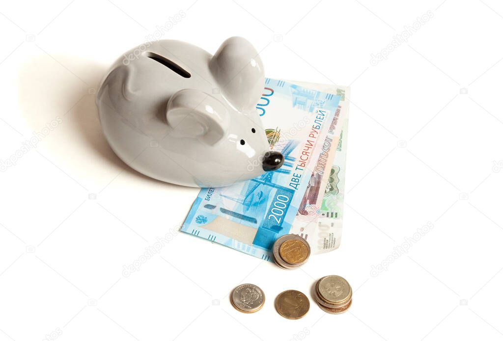 Pig piggy bank with banknotes and coins on a white background