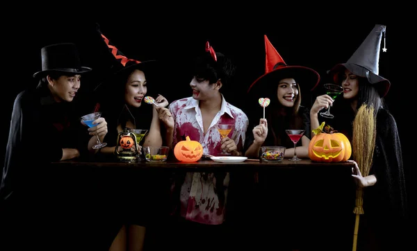 Group Young Asian Costume Celebrate Halloween Party Black Background Concept — Stock Photo, Image