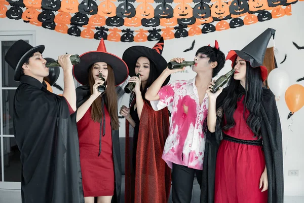 Gang Young Asian Costume Witch Wizard Celebrate Halloween Party Dance — Stock Photo, Image