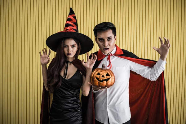 Halloween Concept Young Asian Woman Costume Witch Asian Man Costume — Stock Photo, Image