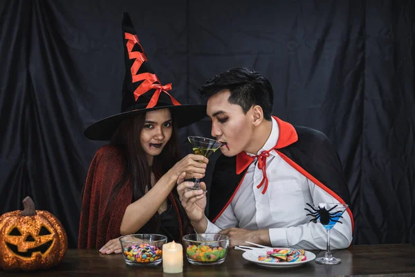 Young Asian Couple Costume Witch Dracula Celebrate Halloween Party Clink — Stock Photo, Image