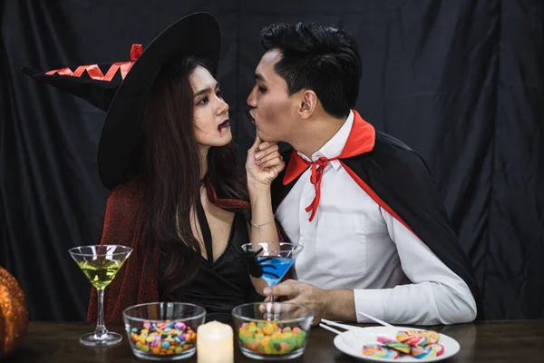 Young Asian Couple Costume Witch Dracula Celebrate Halloween Party Clink — Stock Photo, Image