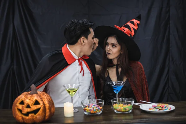 Young Asian Couple Costume Witch Dracula Celebrate Halloween Party Clink — Stock Photo, Image