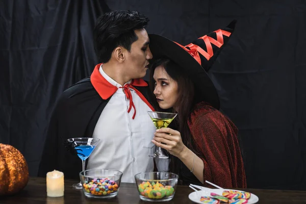 Young Asian Couple Costume Witch Dracula Celebrate Halloween Party Clink — Stockfoto