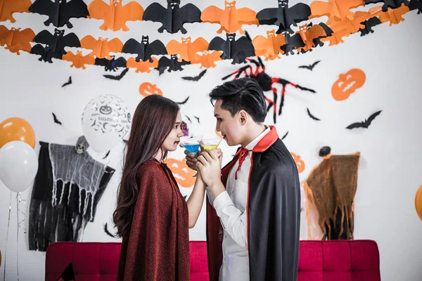 Young Asian Couple Costume Witch Dracula Celebrate Halloween Party Drink —  Fotos de Stock