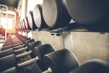 Salonun raflarında dambıllar var. Spor salonunun modern iç dekorasyonu ve ekipmanları. Spor salonunda spor malzemeleri..