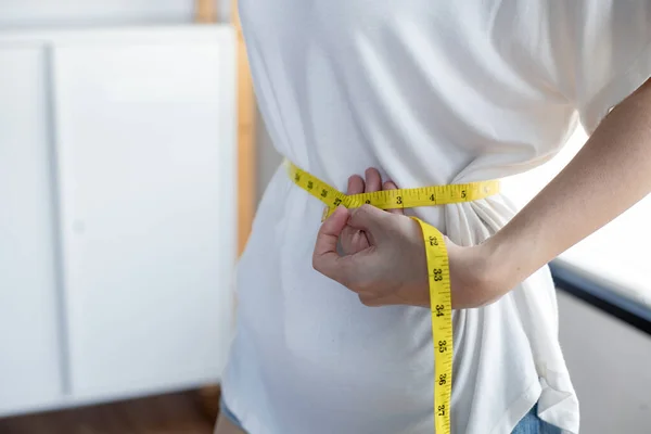 Slim Woman Measuring Her Waist Measure Tape Diet Girl Centimeter — Foto de Stock