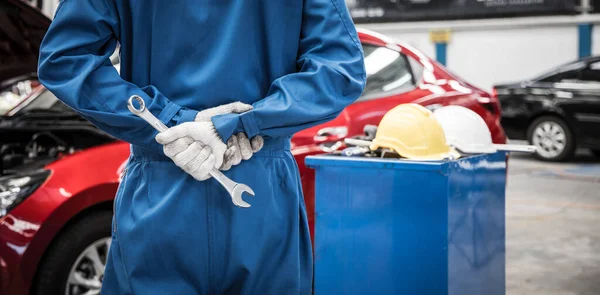 Hands Car Mechanic Wrench Garage Repair Service Concept Car Repair — стоковое фото
