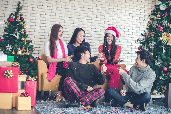 Happy Group Asian Young Party Celebrate Christmas New Year Home —  Fotos de Stock