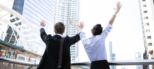 Successful Business People Expressing Winning Gesture Office Building Imagen De Stock