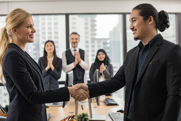 Success Work Concept Handshake Male Female Office Worker Front Office Fotos De Bancos De Imagens