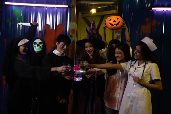 Halloween Party Young People Dressed Festive Costumes Night — Stock Photo, Image