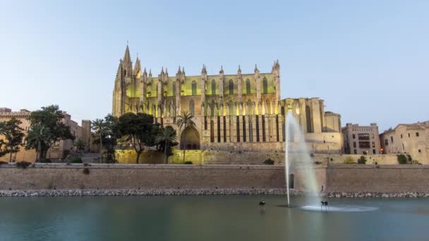 Palma de Mallorcas katedral solnedgång, speglas i vatten. — Stockvideo