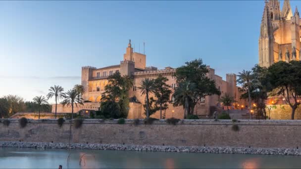 Palma de Mallorca Καθεδρικός Ναός Βασιλικό Παλάτι της La Almudaina ηλιοβασίλεμα time lapse — Αρχείο Βίντεο