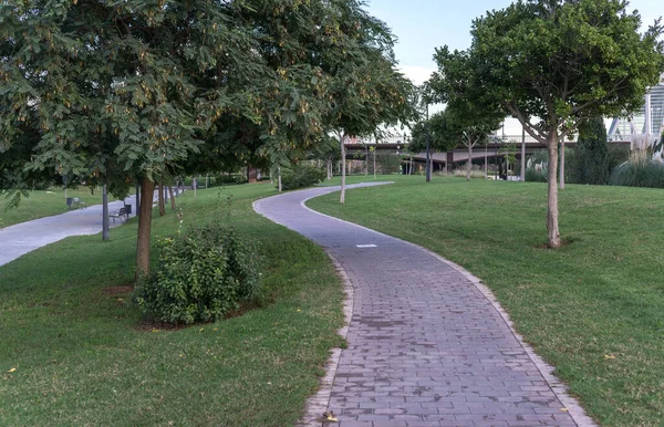 Fietspad Tussen Bomen Jardin Del Turia Valencia Spanje Tegel Fietspad — Stockfoto