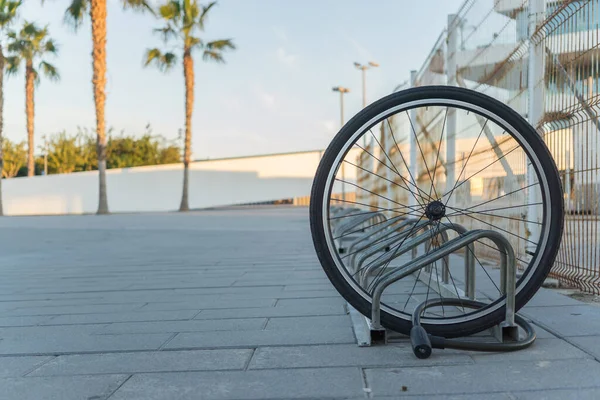 損傷した自転車の車輪は 自転車台に鎖でつながれた自転車の残されたすべてであり 盗まれた自転車 鎖でつながれた自転車の車輪 フロントホイールがロックされているために通りにある単一の自転車の車輪です — ストック写真