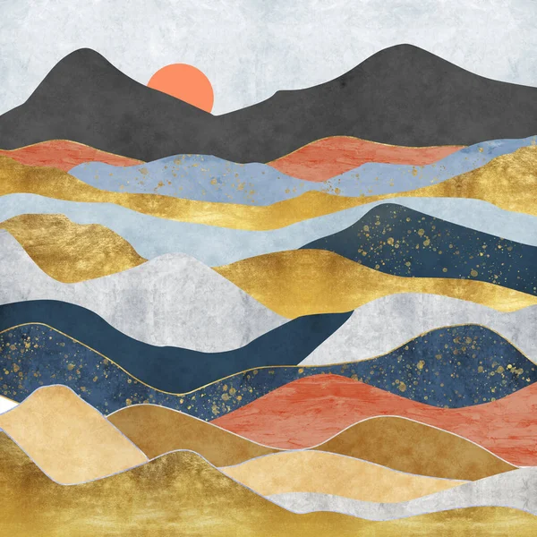 Paisaje abstracto con ola japonesa. fondo de arte con textura de oro, montañas de mármol — Foto de Stock