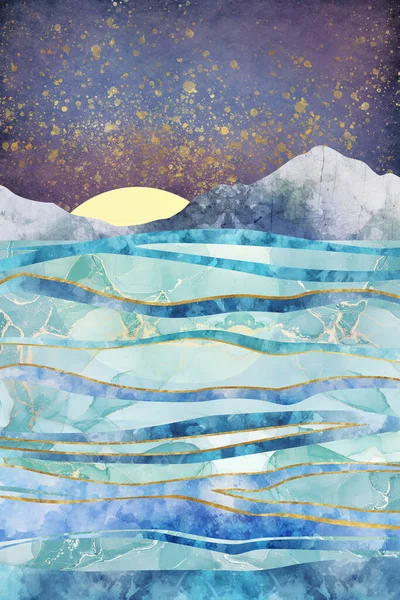 Paisagem abstrata com onda japonesa. fundo de arte com textura de ouro, montanhas de mármore — Fotografia de Stock