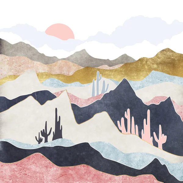 Paisaje abstracto con ola japonesa. fondo de arte con textura de oro, montañas de mármol —  Fotos de Stock