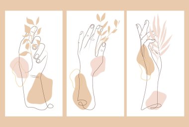 Collection of contemporary art posters with hands in pastel colors. Abstract geometric elements and shapes, leaves and flowers. Great design for social media, postcards, print.