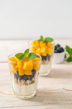 Ev yapımı taze mango ve yoğurt ve granola ile taze yaban mersini. Sağlıklı yemek tarzı.