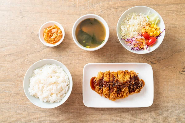 Tonkatsu Frittiertes Japanisches Schweineschnitzel Mit Reissatz Japanischer Essensstil — Stockfoto