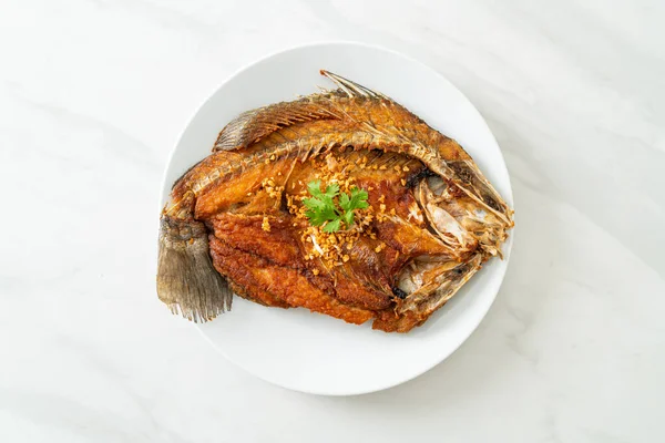 Fried Sea Bass Fish Com Alho Placa — Fotografia de Stock