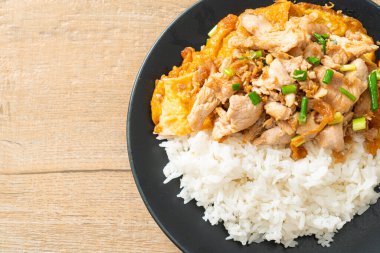 Pirinç üzerine sarımsak ve yumurta soslu kızarmış domuz eti. Asya usulü.