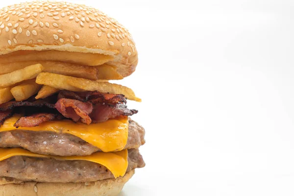 Pork Hamburger Pork Burger Cheese Bacon French Fries Isolated White — Stock Photo, Image