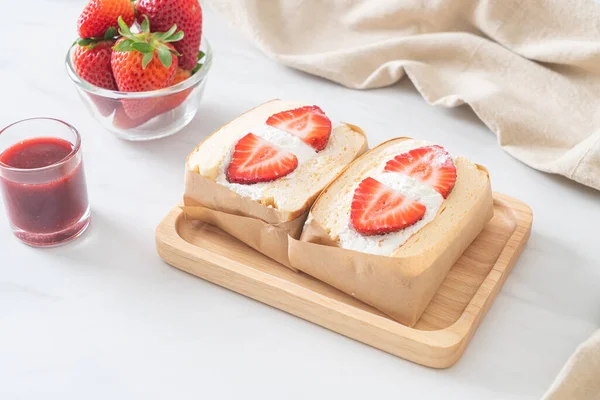 Pancake Sandwich Strawberry Fresh Cream Wood Plate — Stock Photo, Image