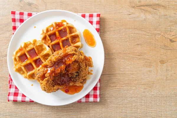 Homemade Fried Chicken Waffle Spicy Sauce — Stock Photo, Image