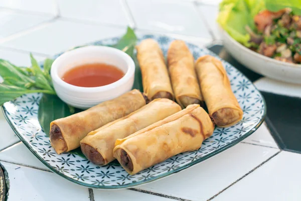 Fried Spring Rolls with dipping sauce on plate