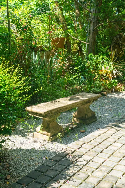 庭に木の装飾が施された空のベンチ — ストック写真