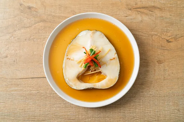 Steamed Cod Fish Soy Sauce Steamed Snow Fish Chilean See — Stock Photo, Image
