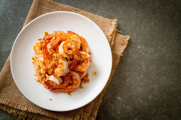 Los Langostinos Fritos Los Langostinos Con Ajo Plato Blanco Estilo — Foto de Stock