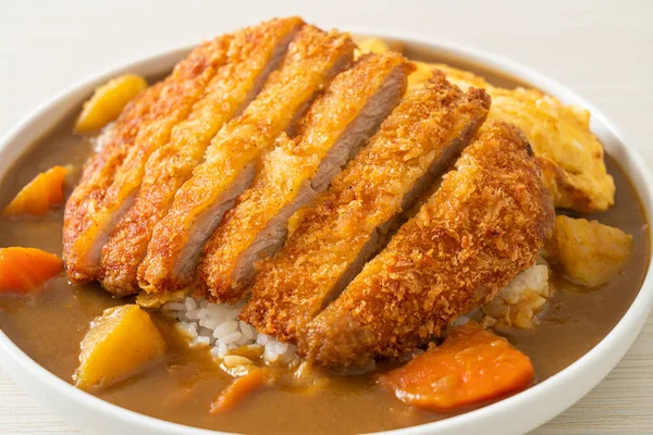 Riz Curry Avec Côtelette Porc Frite Tonkatsu Omelette Crémeuse Style — Photo