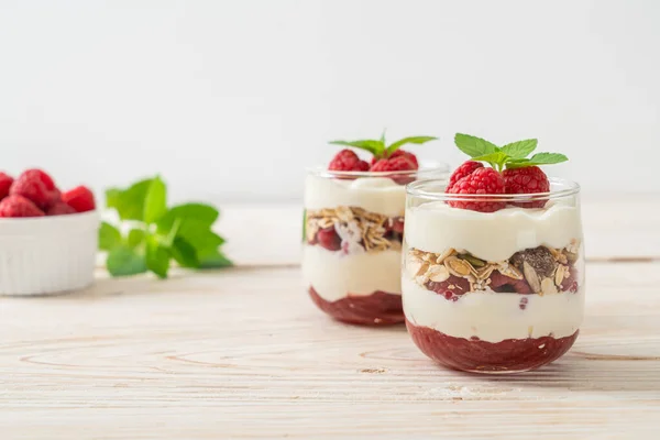 Lamponi Freschi Yogurt Con Muesli Sano Stile Alimentare — Foto Stock