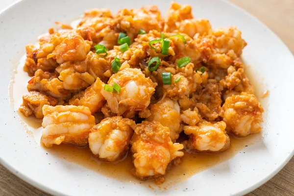 Stir Fried Shrimps Garlic Shrimps Paste Whie Plate — Stock Photo, Image
