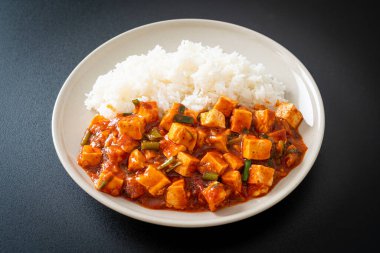 Mapo Tofu - Geleneksel Sichuan yemeği ipek tofu ve kıyma, acı biber yağı ve Sichuan biberleri ile doldurulmuş mala tadında - Asya yemek tarzı