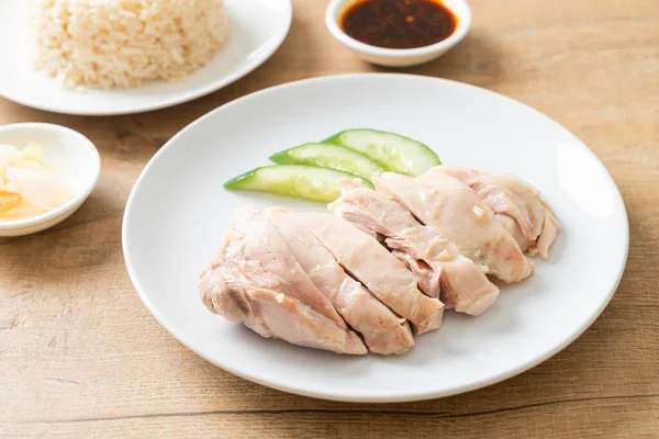 Hainanese Chicken Rice Rice Steamed Chicken Soup Asian Food Style — Stock Photo, Image