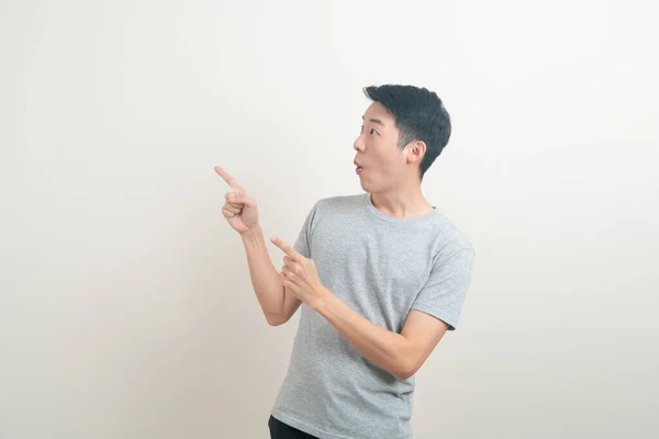 Portrait Young Asian Man Hand Pointing Presenting White Background — Stock Photo, Image