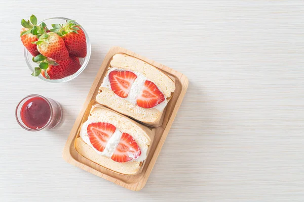 Pancake Sandwich Strawberry Fresh Cream Wood Plate — Stock Photo, Image