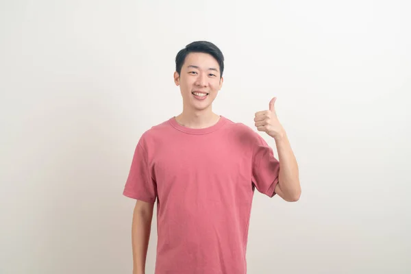 Portrait Young Asian Man Thumbs Hand Sign White Background — Stock Photo, Image