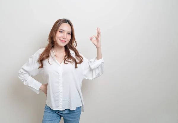 Portrait Beautiful Asian Woman Hand Show Agree Hand Sign White — Stock Photo, Image