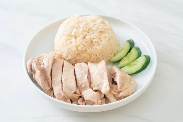 Hainanese Chicken Rice Rice Steamed Chicken Soup Asian Food Style — Stock Photo, Image