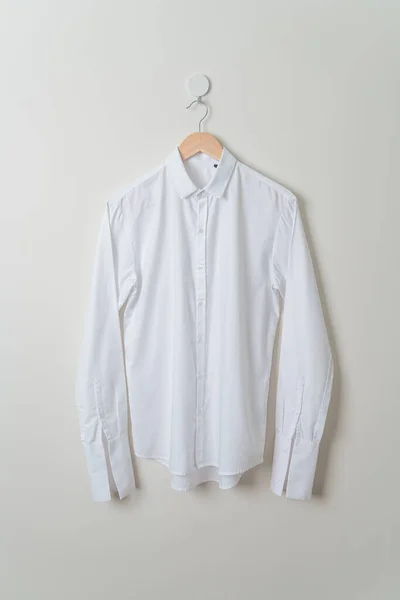 Hanging White Shirt Wood Hanger Wall — Φωτογραφία Αρχείου